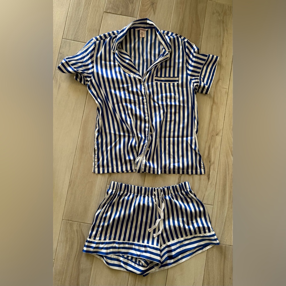 Victoria’s Secret blue and white stripe satin pajama set size s